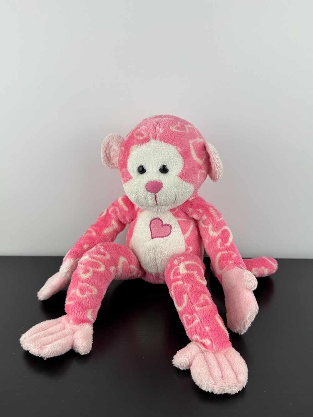 Douglas Cuddle Toys RARE Pink Heart Love Monkey 12” #752 White Hearts Plush